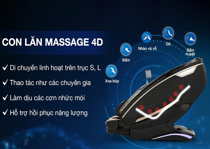 Ghế Massage Airbike Sports MK-337 có con lăn 4D có thể mở rộng ra toàn thân để xoa bóp mà các con lăn 2D, 3D không làm được