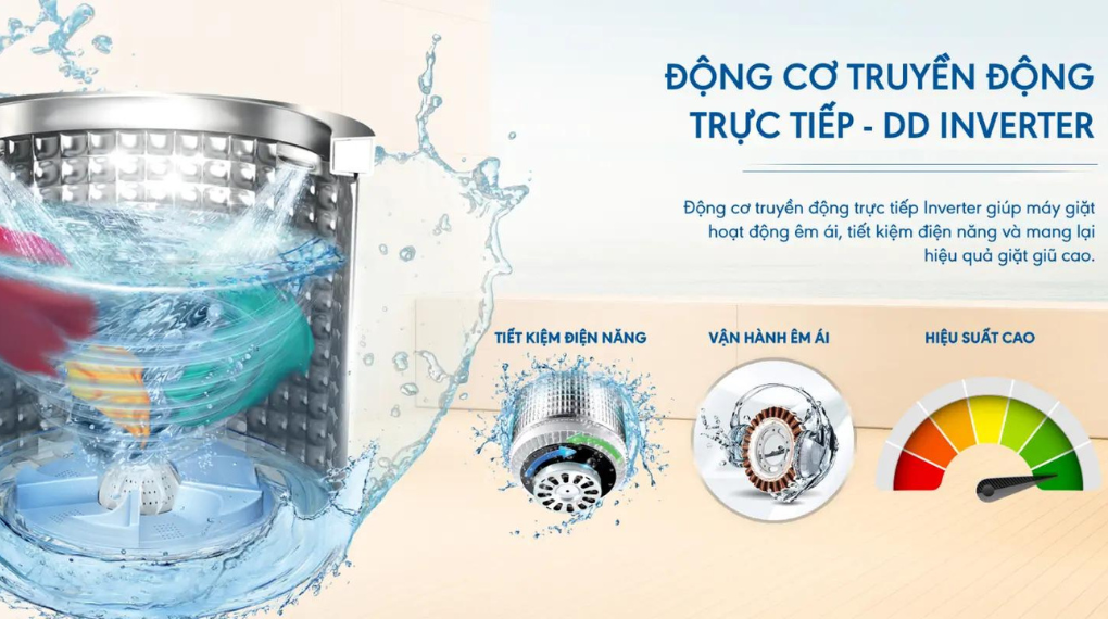Máy giặt Aqua Inverter 11 kg AQW-DR110JT BK sử dụng động cơ truyền động trực tiếp, giúp máy hoạt động êm ái, tiết kiệm điện năng và có hiệu quả giặt giũ cao
