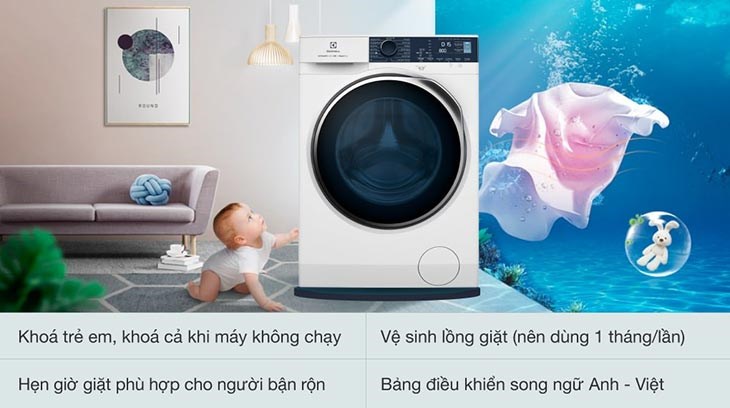 Máy giặt sấy Electrolux Inverter 10 kg EWW1024P5WB tạo cảm giác an tâm cho người lớn với chức năng khóa trẻ em