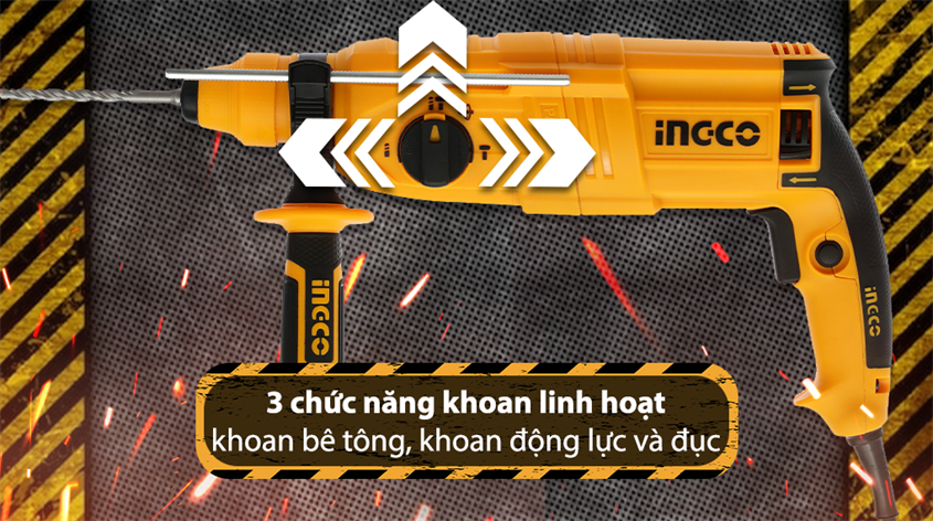 Máy khoan búa điện Ingco RGH9028 800W có 3 chức năng khoan linh hoạt
