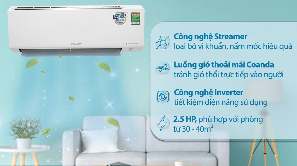 Máy lạnh Daikin Inverter 2.5 HP FTKF60XVMV có công suất 2.5 HP, làm mát trong không gian có diện tích từ 30 - 40m²