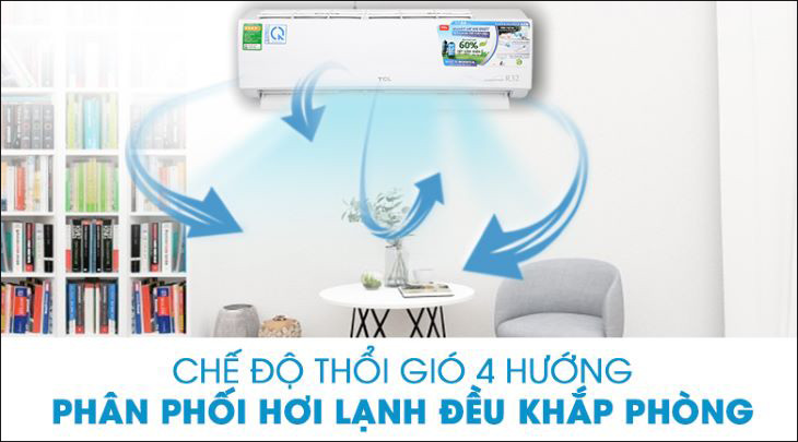 Công nghệ đảo gió 4 chiều phân phối đều hơi lạnh khắp căn phòng