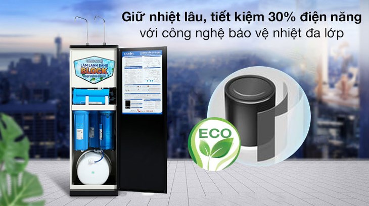 Máy lọc nước RO nóng lạnh Karofi KAD-D66 11 lõi được trang bị công nghệ bảo vệ nhiệt đa lớp, hỗ trợ tiết kiệm điện năng hiệu quả
