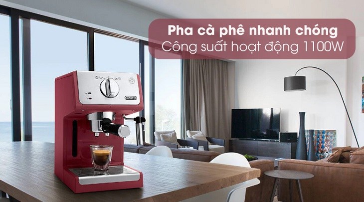 Máy Pha Cà Phê Delonghi ECP33.21.R có công suất mạnh mẽ đến 1100W tạo ra những ly cà phê nóng hổi thơm ngon