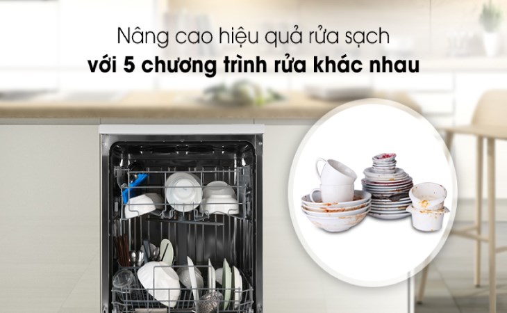 Máy rửa chén độc lập Candy CDPN 1L390PW với 5 chương trình rửa, chén bát được làm sạch ở những nhiệt độ khác nhau tùy theo tình trạng bám bẩn