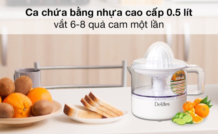 Máy vắt cam Delites 30W JC3000-GS có dung tích bình chứa 0,5 lít, giúp vắt 6 - 8 quả cam trong 1 lần