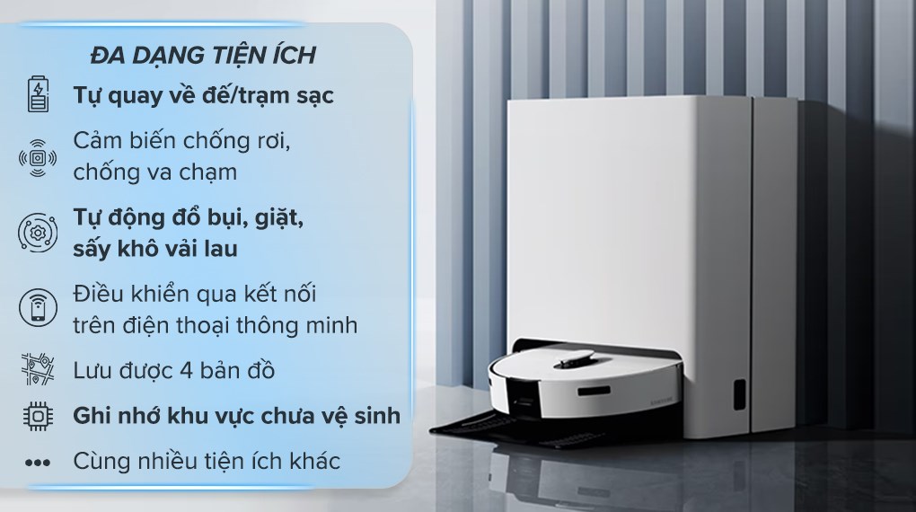 Robot hút bụi lau nhà Samsung VR7MD96514G/SV có thể dễ dàng điều khiển thông qua ứng dụng SmartThings trên điện thoại