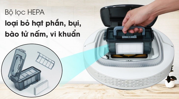 Robot hút bụi Kangaroo KGRB01 Trắng được trang bị bộ lọc HEPA giúp lọc bụi hiệu quả, đem lại không gian thoáng đãng cho người dùng