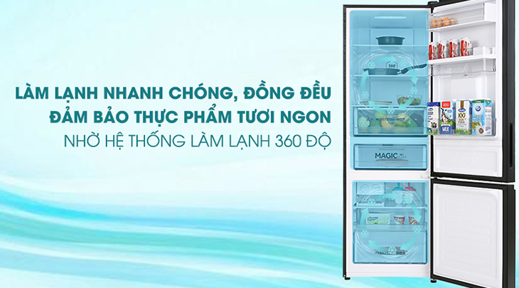 Tủ lạnh Aqua Inverter 324 lít AQR-B379MA(WGB) làm lạnh nhanh chóng, đồng đều đảm bảo thực phẩm tươi ngon nhờ hệ thống làm lạnh 360 độ