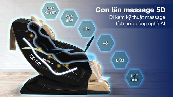 Ghế Massage Daikiosan DKGM-30004 sử dụng con lăn massage 5D tác động sâu đến 7.5 cm với các kỹ thuật massage chuyên nghiệp