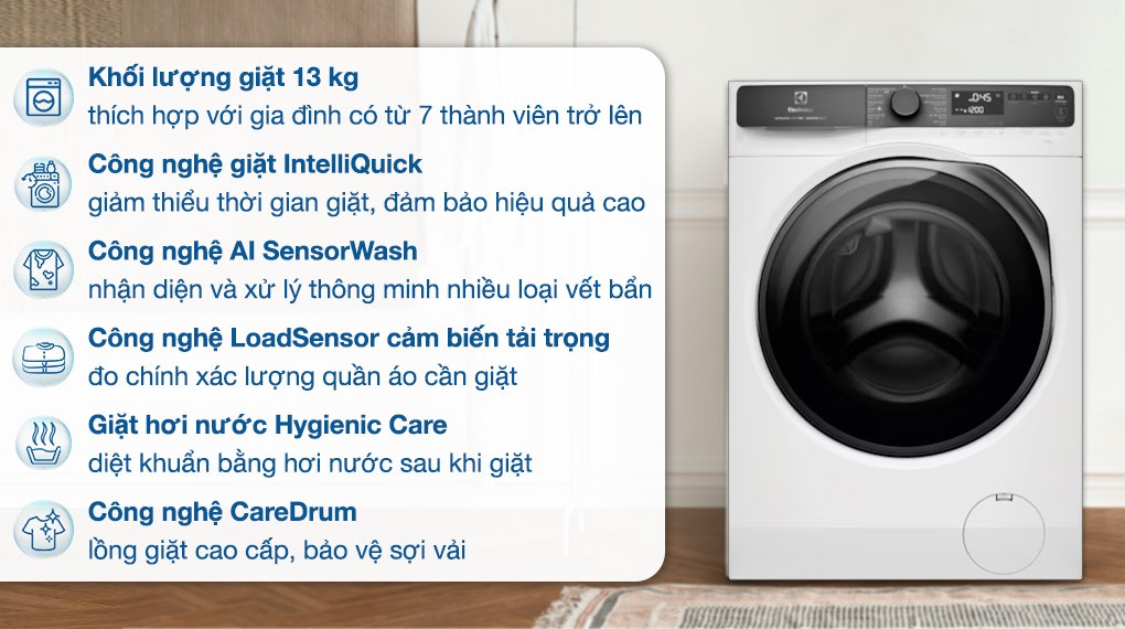 Máy giặt Electrolux UltimateCare 700 Inverter 13 kg EWF1343R7WC loại bỏ vi khuẩn, tác nhân gây dị ứng nhờ công nghệ giặt hơi nước Hygienic Care