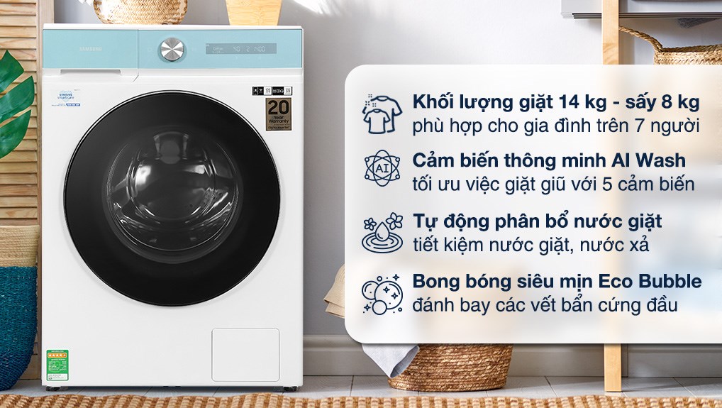 Công nghệ Ecobubble trên máy giặt sấy Samsung Bespoke AI Inverter WD14BB944DGMSV giúp tiết kiệm điện hiệu quả