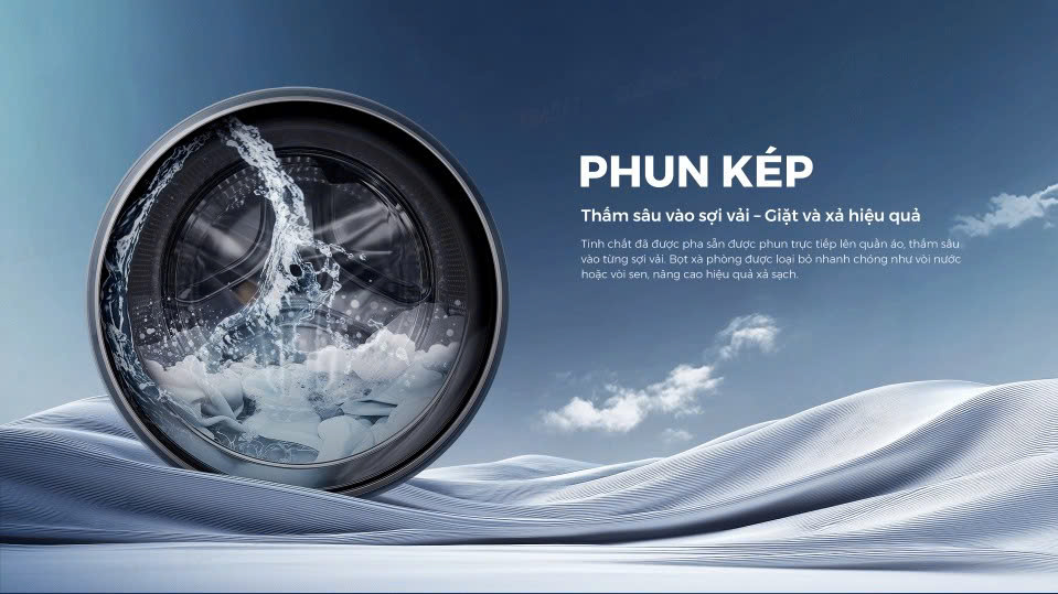 Giai đoạn 2: Dung dịch giặt phun trực tiếp lên vải, thấm sâu, đánh bật vết bẩn nhanh chóng