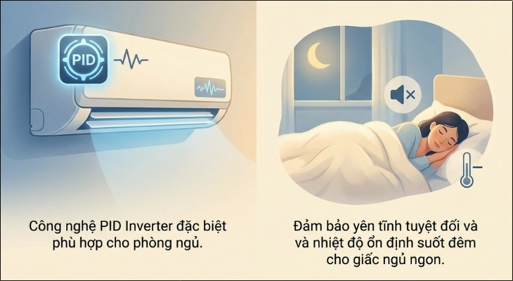 Công nghệ PID Inverter phù hợp với không gian phòng ngủ, cần sự yên tĩnh tuyệt đối và nhiệt độ ổn định suốt đêm để có giấc ngủ ngon