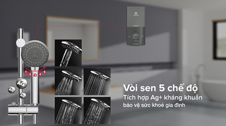 Máy nước nóng trực tiếp Ariston 4500W AURES PREMIUM+ 4.5P trang bị vòi sen 5 chế độ tích hợp Ag+ kháng khuẩn