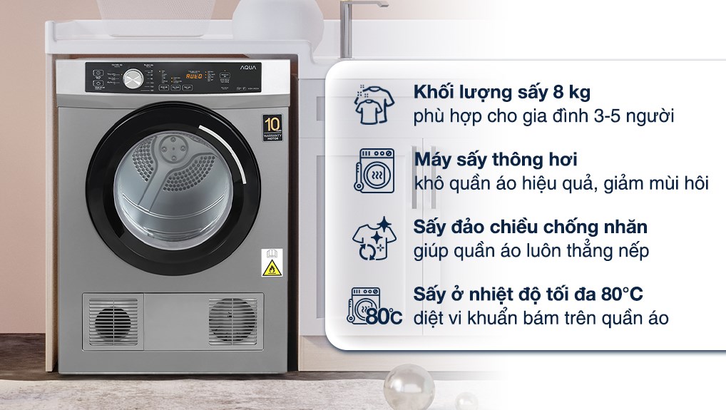 Máy sấy thông hơi Aqua 8 kg AQH-V800H SS với công nghệ sấy đảo chiều chống nhăn, giúp quần áo tơi ra, không bị nhăn và hư hại