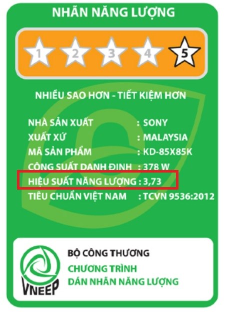 Chỉ số hiệu suất năng lượng của Google Tivi Sony 4K 85 inch KD-85X85K trên nhãn năng lượng là 3.73
