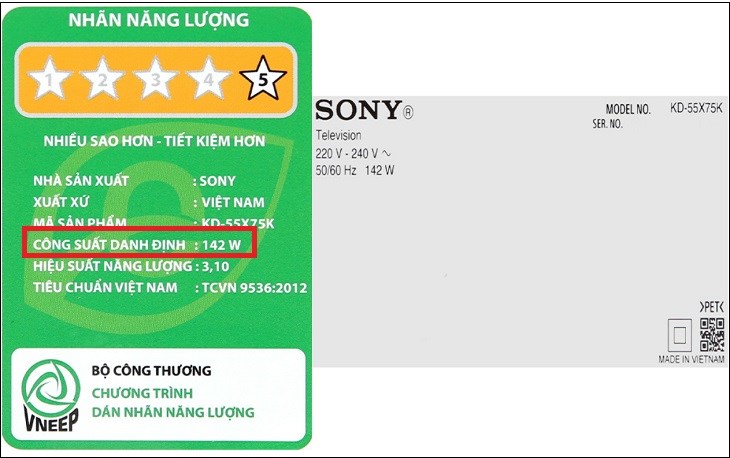 Dựa vào công suất danh định của tivi Google Tivi Sony 4K 55 inch KD-55X75K có thể ước chừng được điện năng tiêu thụ