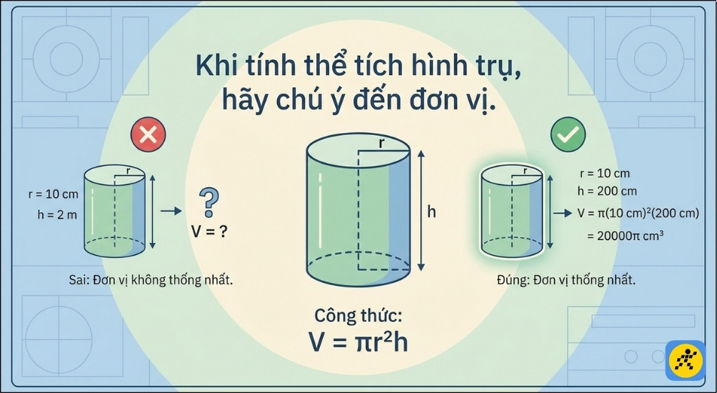 Khi tính thể tích hình trụ, cần chú ý đến sự đồng nhất về đơn vị đo