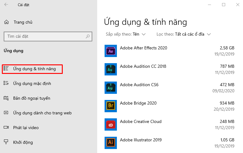 Trong tab Ứng dụng & Tính năng, một loạt các chương trình đã được cài đặt trên Windows sẽ hiện lên