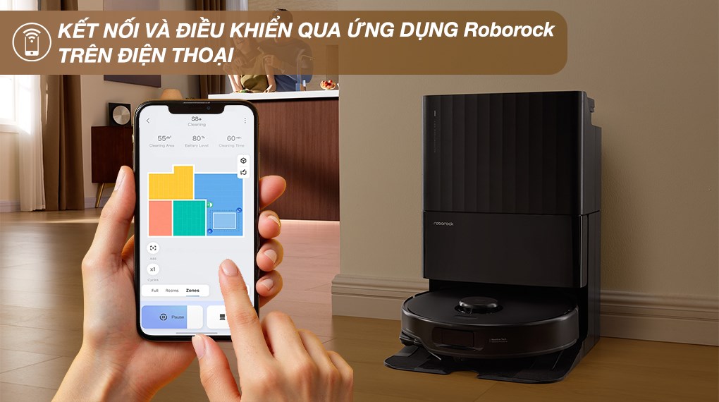 Robot hút bụi lau nhà Roborock Q Revo 5V1 (đen) có thể kết nối và điều khiển robot từ xa thông qua ứng dụng Roborock trên điện thoại