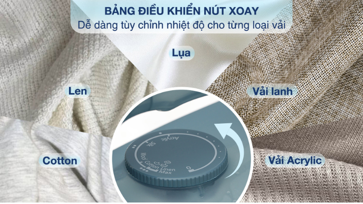 Cận cảnh nút vặn chỉnh nhiệt độ với các mức tương ứng từng loại vải