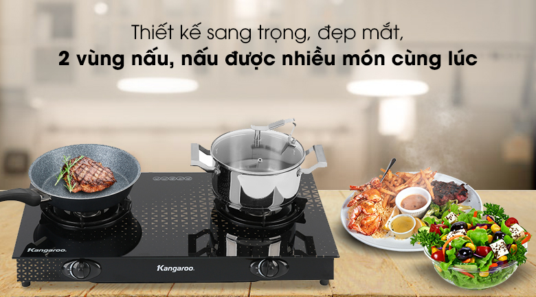 Bếp ga đôi Kangaroo KG8G1C sở hữu tông màu đen sang trọng, tạo điểm nhấn cho gian bếp