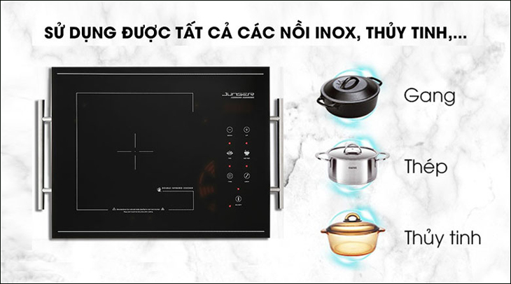 Bếp hồng ngoại Junger có thể dùng nấu nướng được với đa dạng các chất liệu nồi chảo như: thủy tinh, thép, gang,...