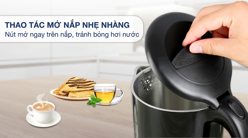 Bình đun siêu tốc Lock&Lock 1.7 lít EJK738BLK có thể thao tác mở nắp nhẹ nhàng bằng nút bấm