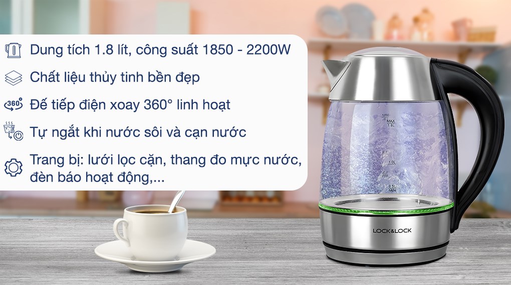 Bình đun siêu tốc Lock&Lock 1.8 lít EJK341 với ruột bình thủy tinh chịu nhiệt tốt, trong suốt tiện quan sát