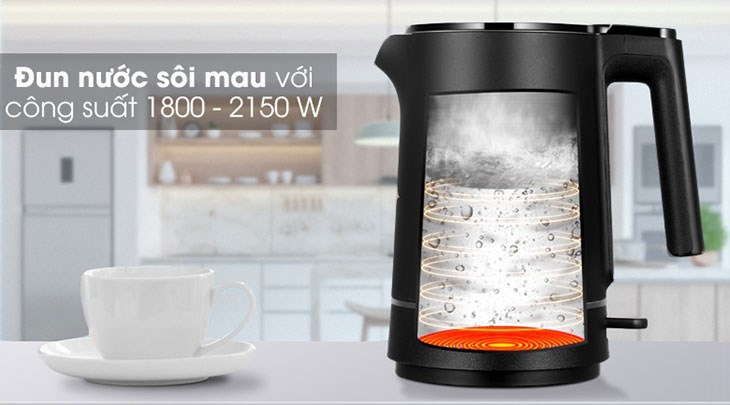 Bình đun siêu tốc Toshiba 1.5 lít KT-15DS1NV có công suất 1800 - 2150 W đun nước sôi nhanh trong 3 - 5 phút