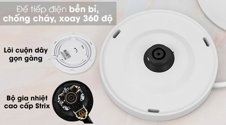 Bình đun siêu tốc Toshiba 1.5 lít KT-15DS1PV có đế tiếp điện chất liệu nhựa chống cháy PP 5VA, xoay 360 độ, tiện nhấc và đặt bình