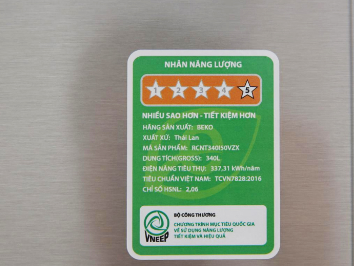 Nhãn năng lượng - Tủ lạnh Beko Inverter 323 lít RCNT340I50VZX