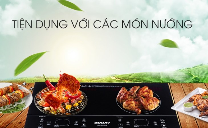 Bếp hồng ngoại đôi lắp âm Sanaky SNK-201HGW có thể dùng để thực hiện các món nướng, tiện lợi khi sử dụng
