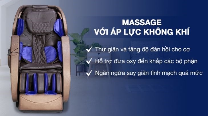 Ghế massage Fuji Luxury FJ 350 sở hữu chế độ massage áp lực không khí giúp các cơ được thư giãn, tăng cường lưu thông máu