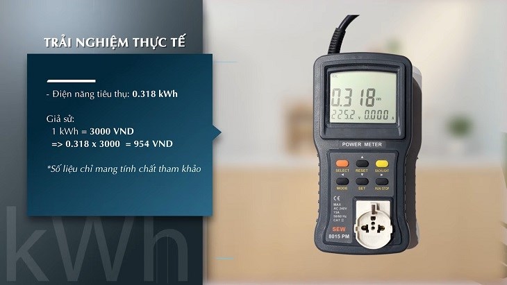 Máy đo điện năng tiêu thụ của lò chiên không dầu Hawonkoo AFH 100.