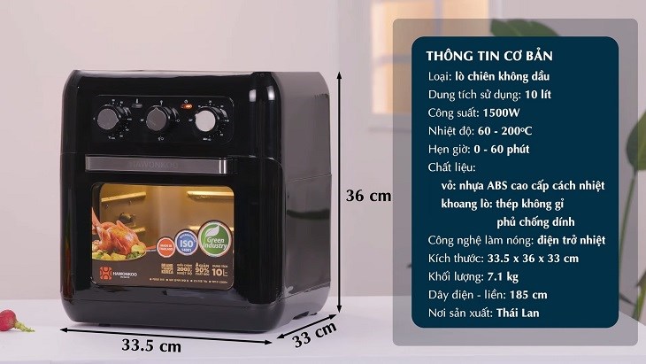 Lò chiên không dầu Hawonkoo AFH 100 với thiết kế hình khối chữ nhật màu đen bạc sang trọng.