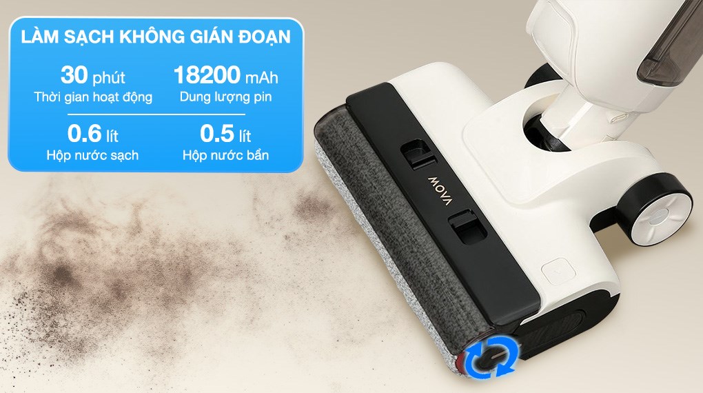 Máy hút bụi lau nhà Mova K30 có dung lượng pin 18200 mAh sử dụng liên tục, không gián đoạn quá trình dọn dẹp