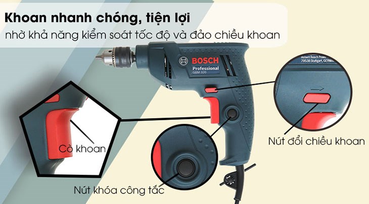 Máy khoan điện Bosch GBM 320 320W khoan nhanh chóng, tiện lợi nhờ khả năng kiểm soát tốc độ và đảo chiều khoan