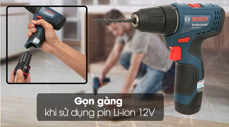 Máy khoan vặn vít pin Bosch GSR 120-LI 12V có thiết kế gọn gàng và linh hoạt nhờ sử dụng pin Li-ion 12V cao cấp