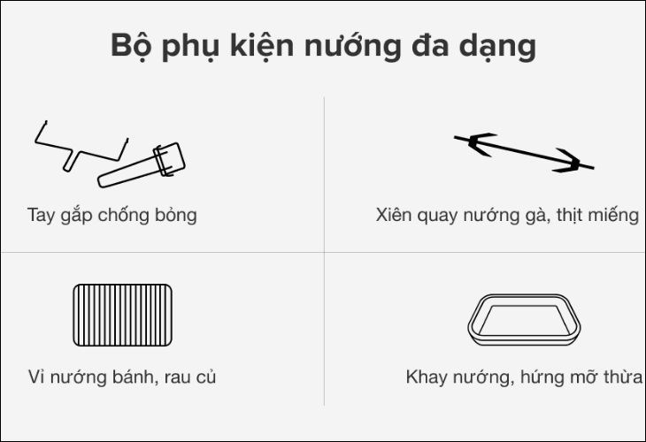 Lò nướng còn có nhiều phụ kiện đi kèm, tiện lợi và tiết kiệm thời gian khi sử dụng sản phẩm