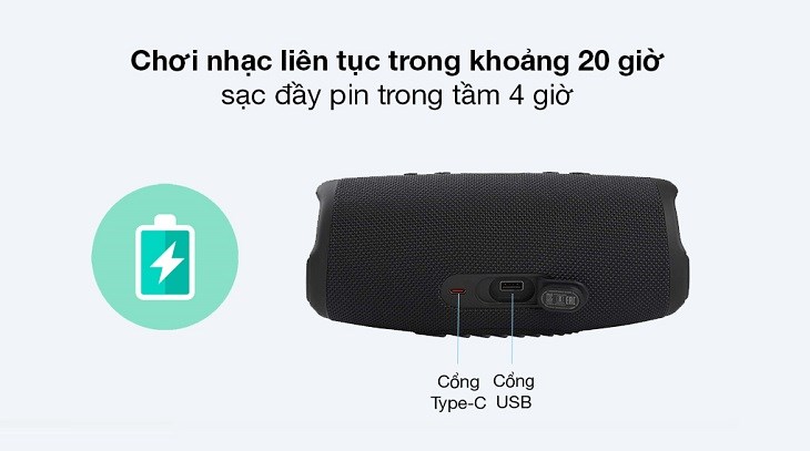 Thời lượng pin của JBL Charge lên đến 20 giờ sử dụng sau mỗi lần sạc đầy