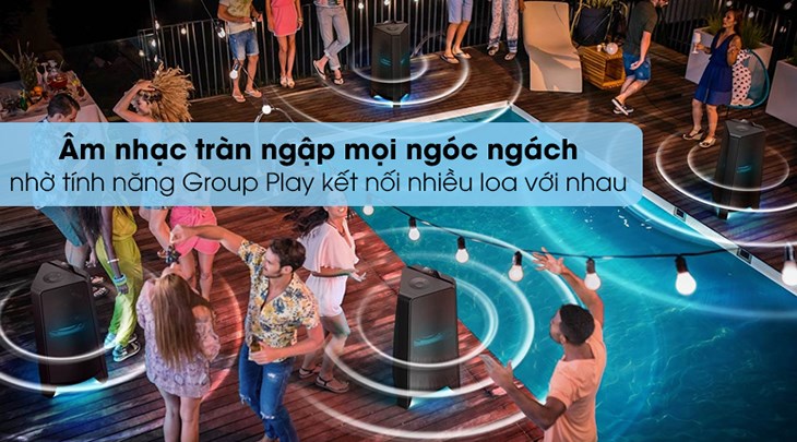 Loa tháp Samsung MX-T70 có thể Kết nối nhiều loa kéo Samsung lại với nhau nhờ tính năng Group Play