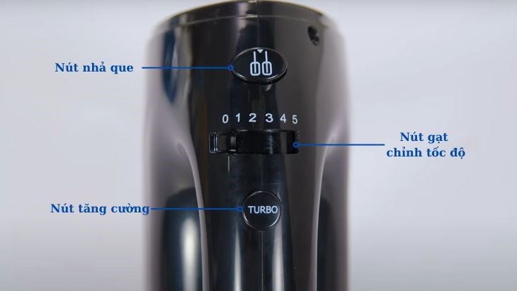 Giải thích chức năng các nút trên máy: nút thay que, nút gạt tốc độ và nút Turbo