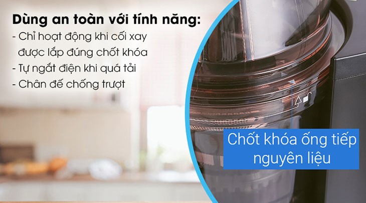 Máy ép chậm Hafele JE230-BL (535.43.531) đảm bảo an toàn khi sử dụng và kéo dài tuổi thọ cho máy ép với các tính năng an toàn