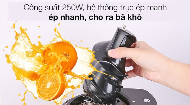 Máy ép chậm Hafele JE230-BL (535.43.531) hoạt động với công suất 250W, hệ thống trục ép mạnh mẽ cho khả năng ép nhanh, ép khô bã