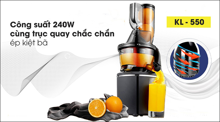 Thiết bị có công suất mạnh mẽ 240W và trụ quay chắc chắn ép kiệt bã