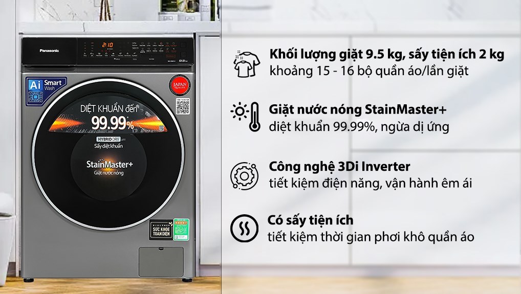 Máy giặt Panasonic Inverter giặt 9.5 kg - sấy tiện ích 2 kg NA-V95FC1LVT với thiết kế sang trọng