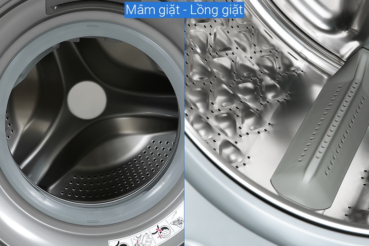 Lồng giặt được thiết kế nhiều gờ nổi kèm với các lỗ phun nước li ti kết hợp thanh đảo quần áo hỗ trợ đảo đều quần áo, nâng cao hiệu quả giặt sạch