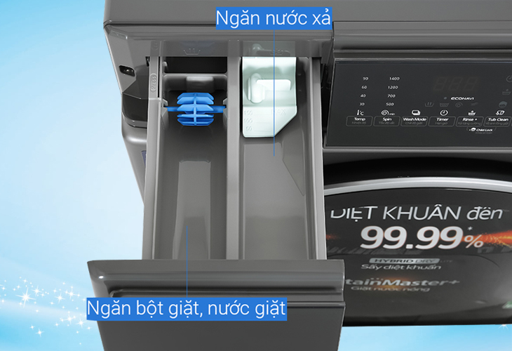Ngăn nước xả bột giặt được bố trí tại vị trí bên ngoài, dễ thao tác